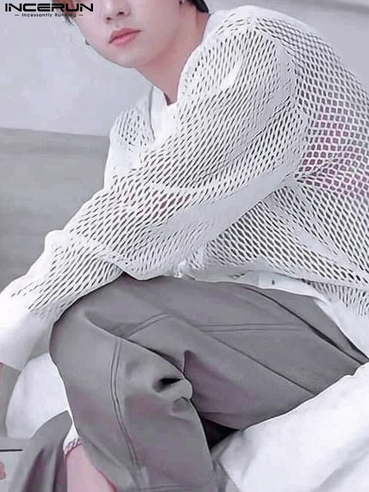 INCERUN 탑 2022 한국 스타일 신사복 섹시한 시스루 메쉬 블라우스 패션 캐주얼 남성 긴 소매 v 넥 카디건 셔츠 S-5XL